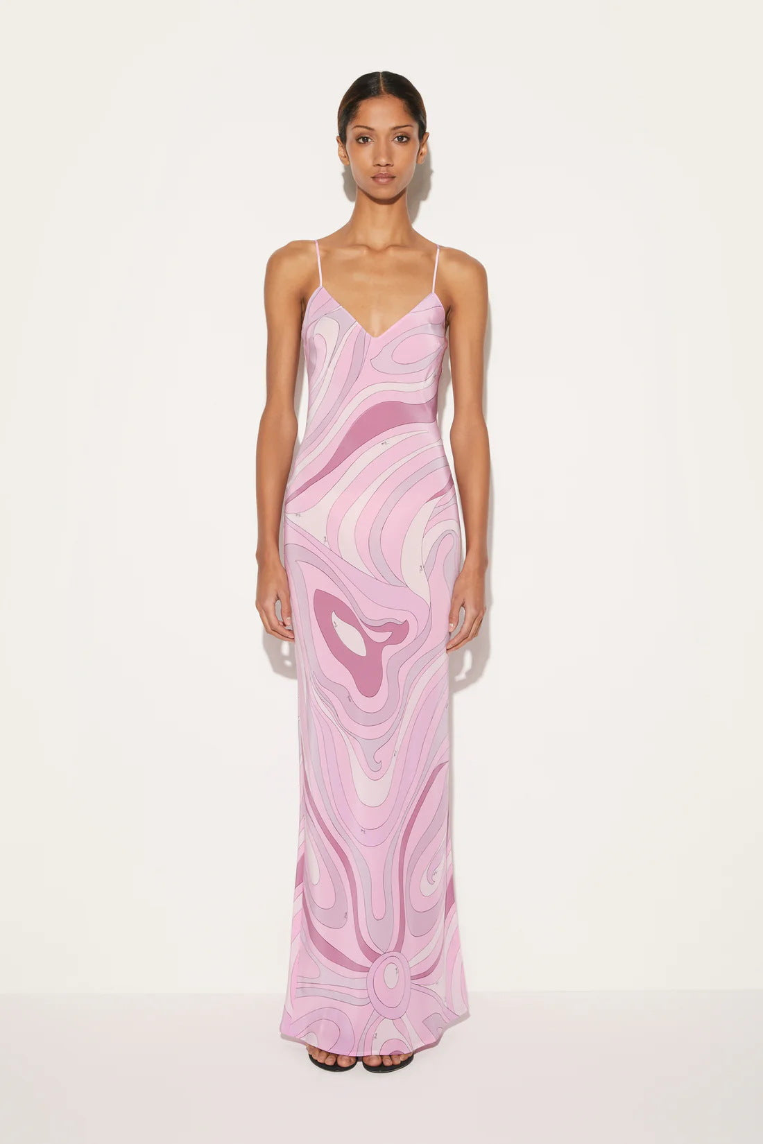 Wavy Line Printed Satin Maxi Dress