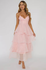 Organza Open Back Tiered Midi Dress