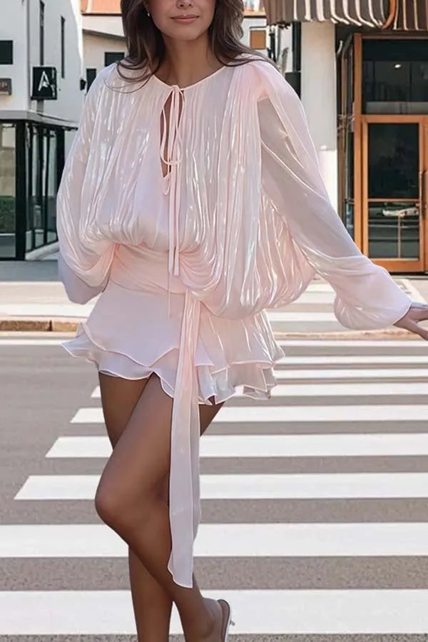 Baby Pink Textured Long Sleeves Mini Dress