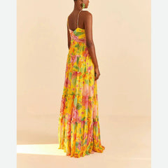 Vibrant Yellow Floral Halter Maxi Dress