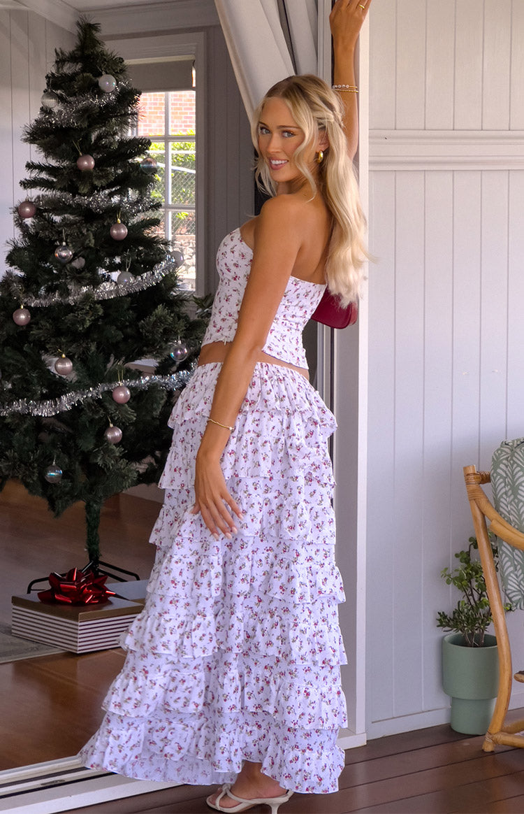 White Floral Ruffle Maxi Skirt