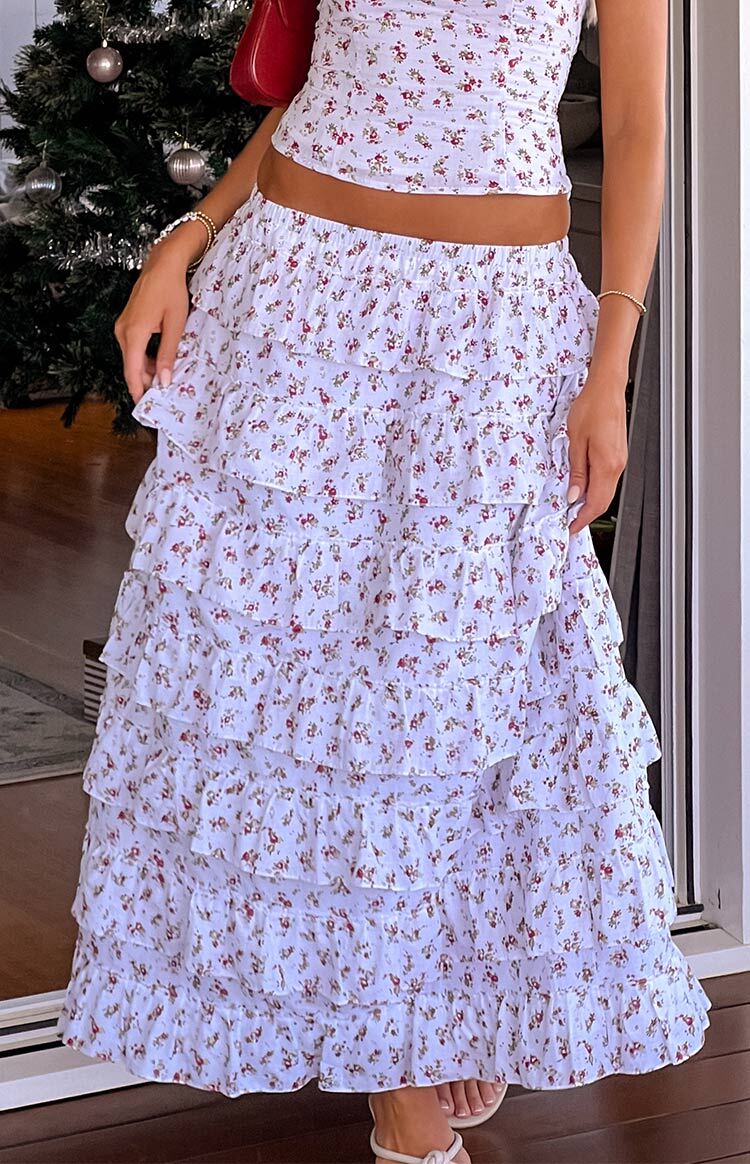 White Floral Ruffle Maxi Skirt