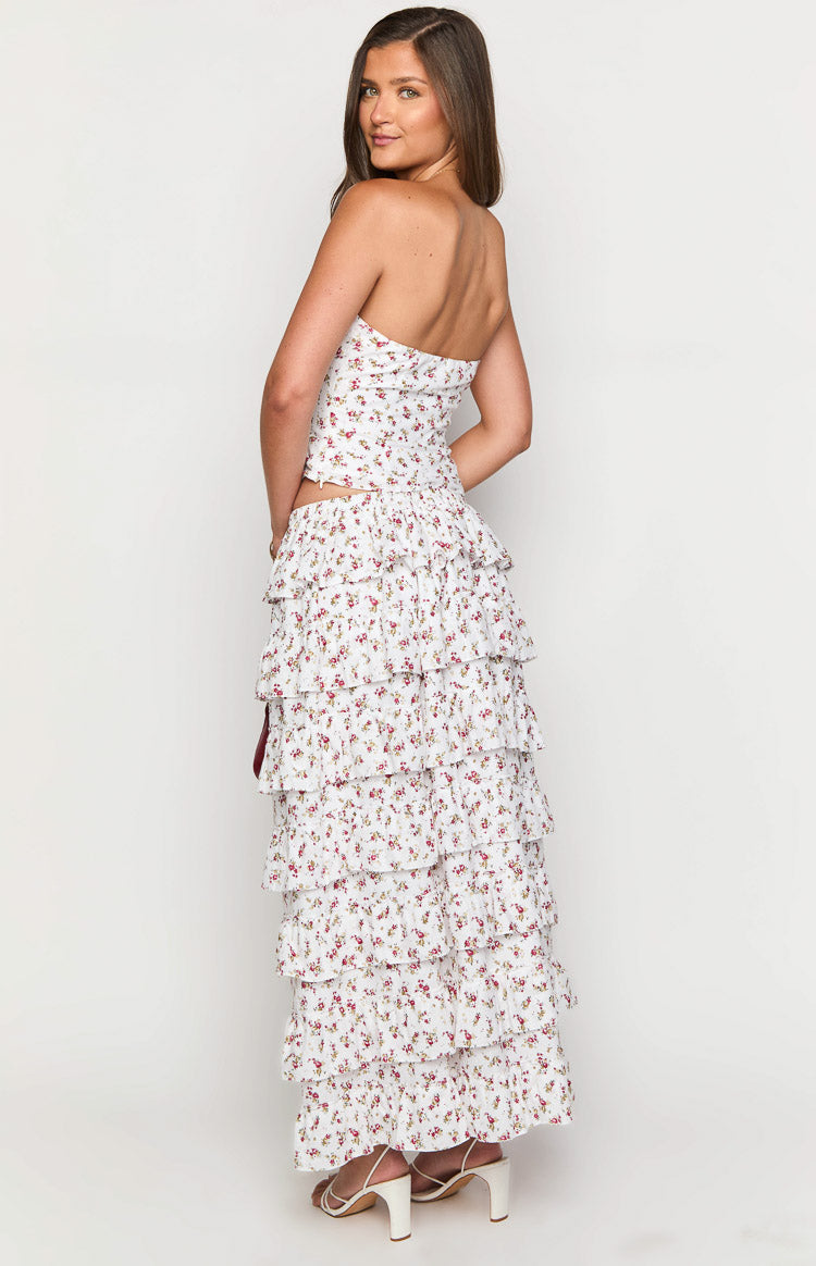 White Floral Ruffle Maxi Skirt