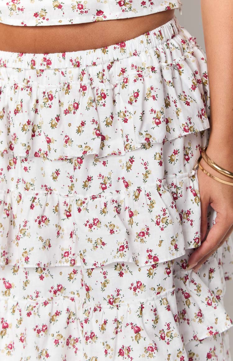 White Floral Ruffle Maxi Skirt