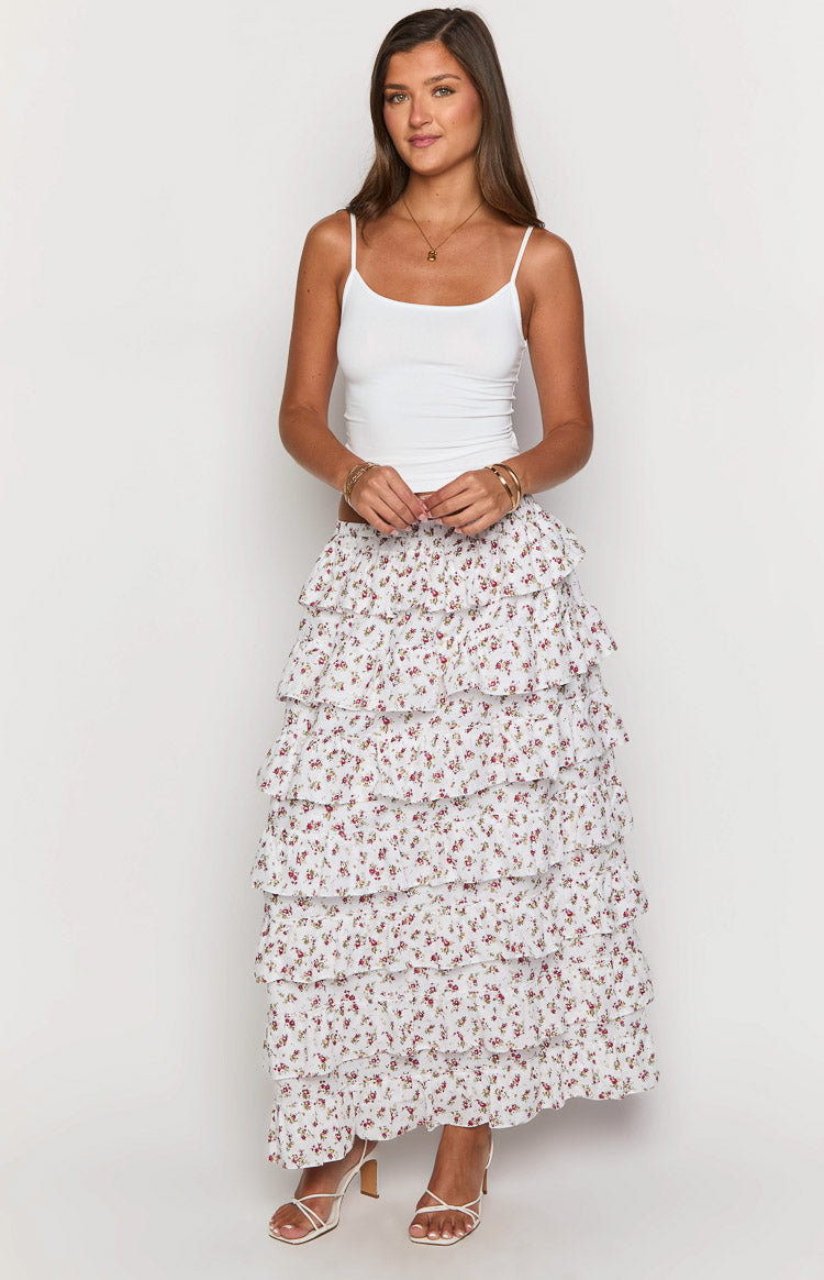 White Floral Ruffle Maxi Skirt