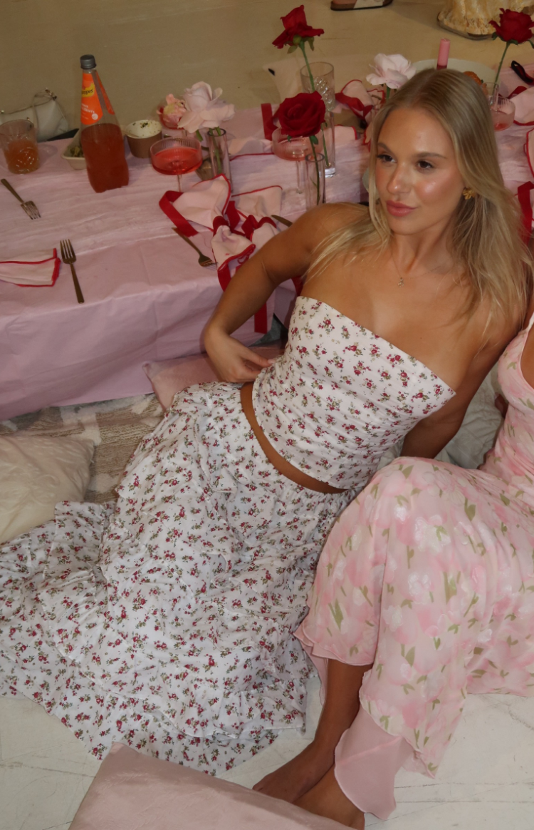 White Floral Ruffle Maxi Skirt