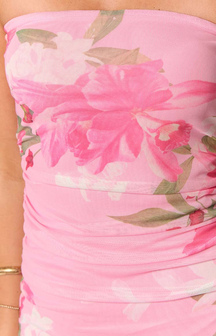 Pink Floral Strapless Mini Dress
