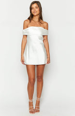 White Satin Off the Shoulder Mini Dress