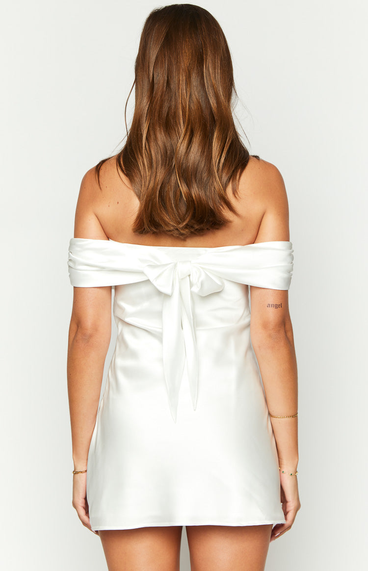 White Satin Off the Shoulder Mini Dress