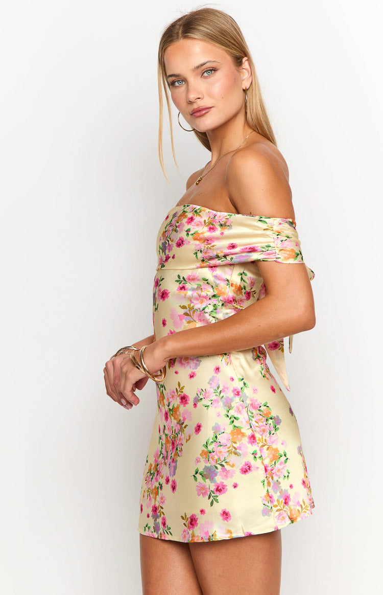 Yellow Floral Off the Shoulder Mini Dress