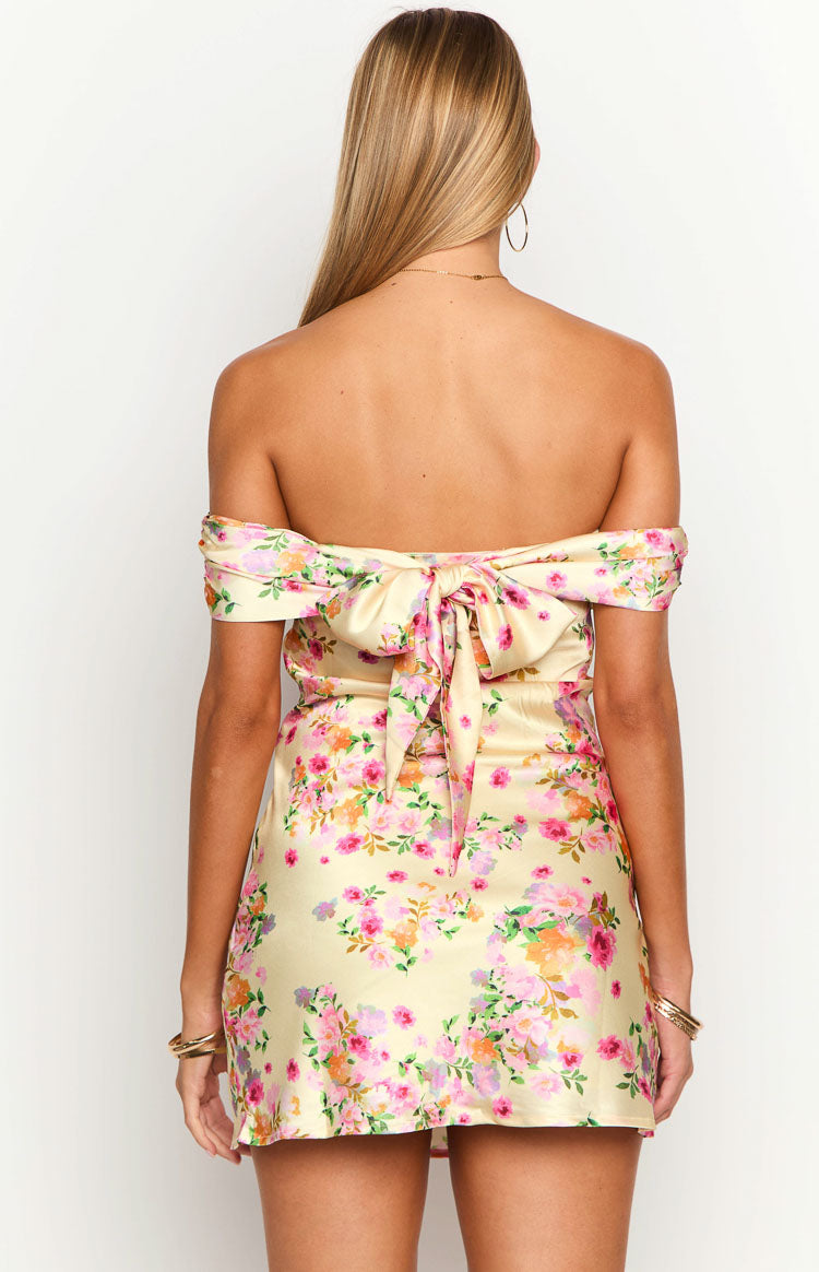 Yellow Floral Off the Shoulder Mini Dress