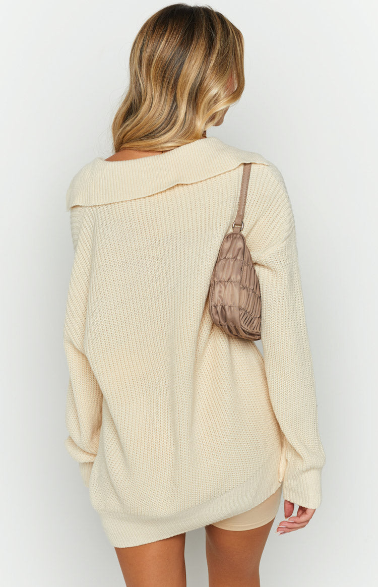 Cream Collared Ribbed Knit Sweater