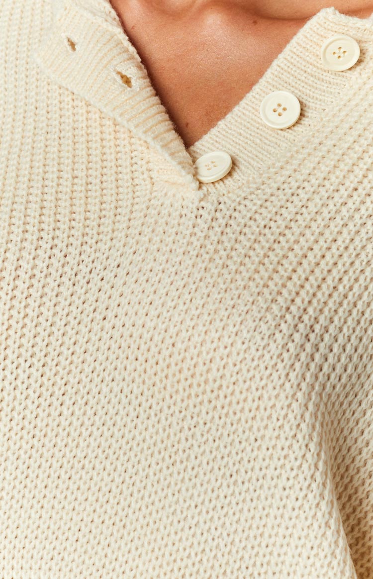 Cream Collared Ribbed Knit Sweater