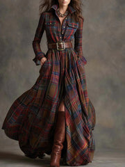 Retro Brown Plaid Long Sleeves Maxi Dress