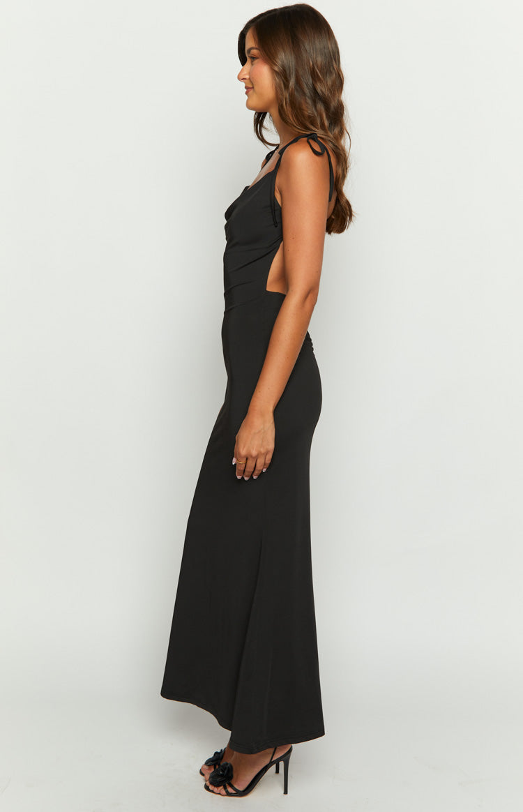 Black Bacless Shoulder-Tie Maxi Dress