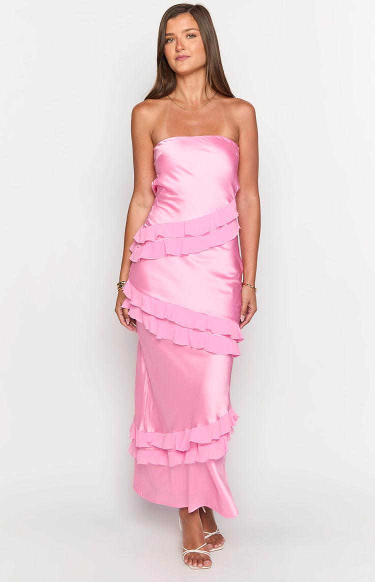 Pink Satin Bandeau Maxi Dress