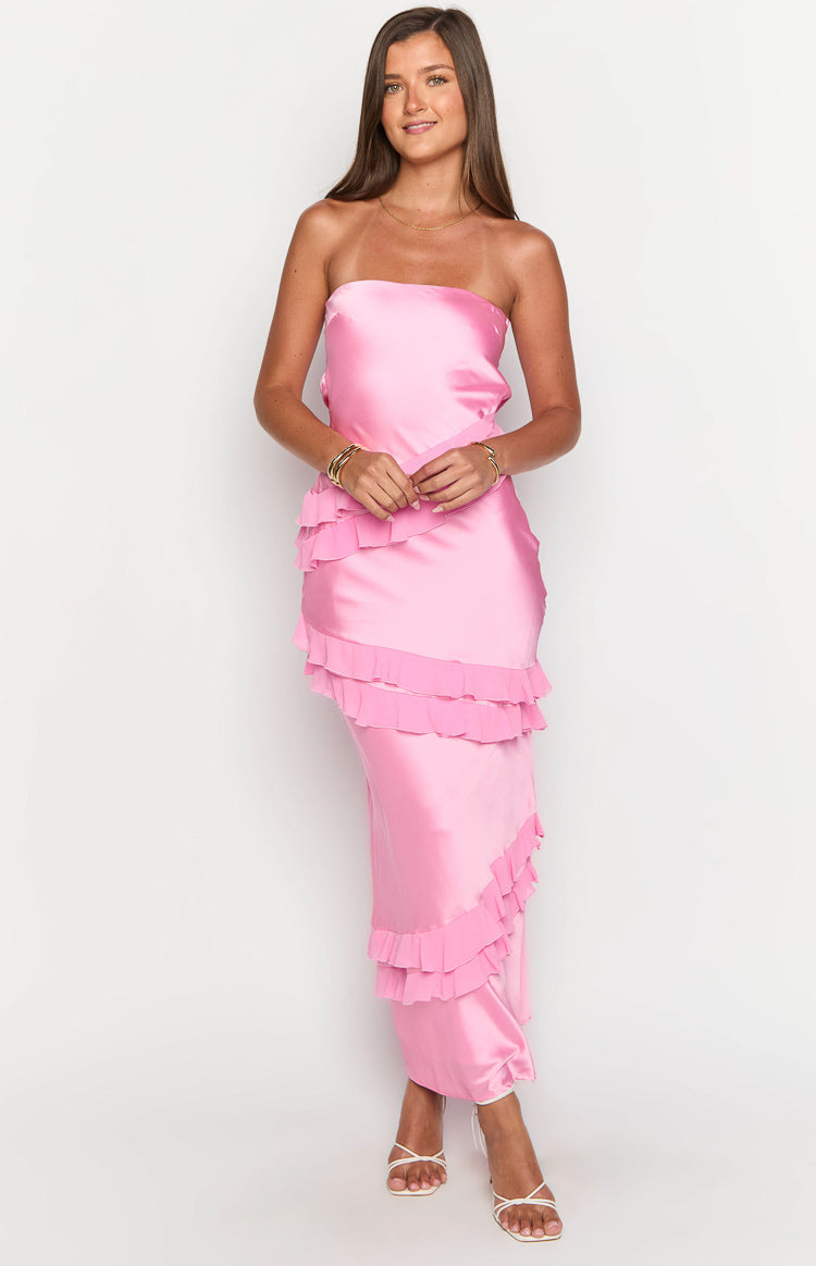 Pink Satin Bandeau Maxi Dress