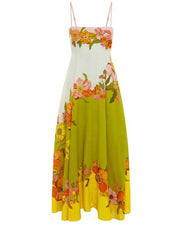 Lime Floral Thin Shoulder Strap Midi Dress