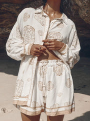 Beige Shell Print Shirt and Shorts Matching Sets