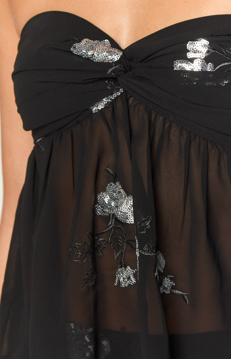 Black Floral Strapless Top