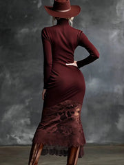 Elegant Burgundy Crochet Lace Hem Maxi Dress