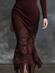 Elegant Burgundy Crochet Lace Hem Maxi Dress