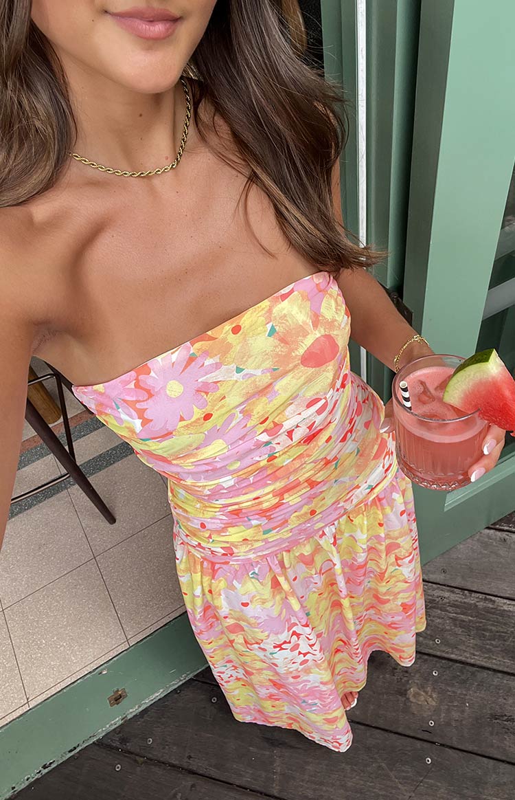 Yellow Floral Print Strapless Maxi Dress