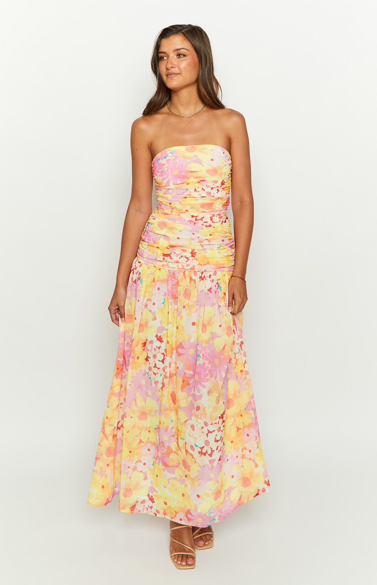 Yellow Floral Print Strapless Maxi Dress