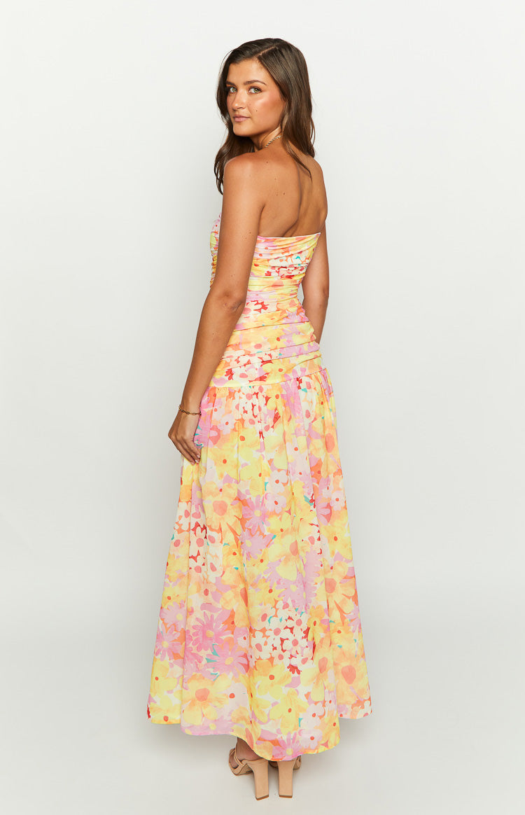 Yellow Floral Print Strapless Maxi Dress