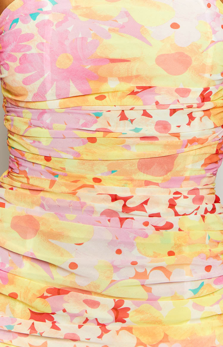 Yellow Floral Print Strapless Maxi Dress