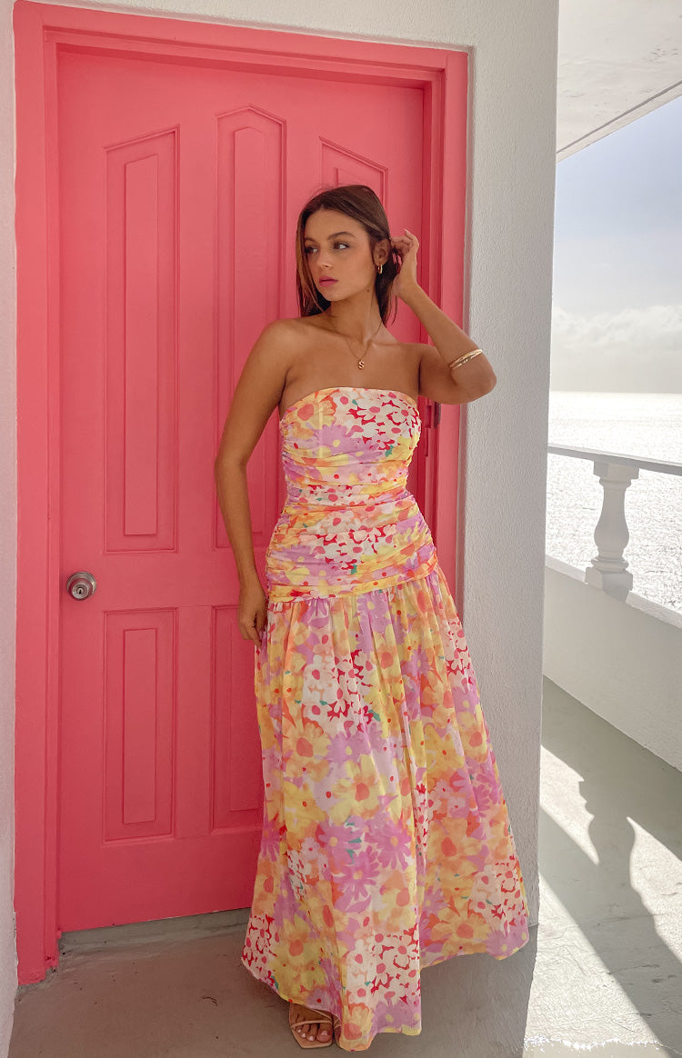 Yellow Floral Print Strapless Maxi Dress