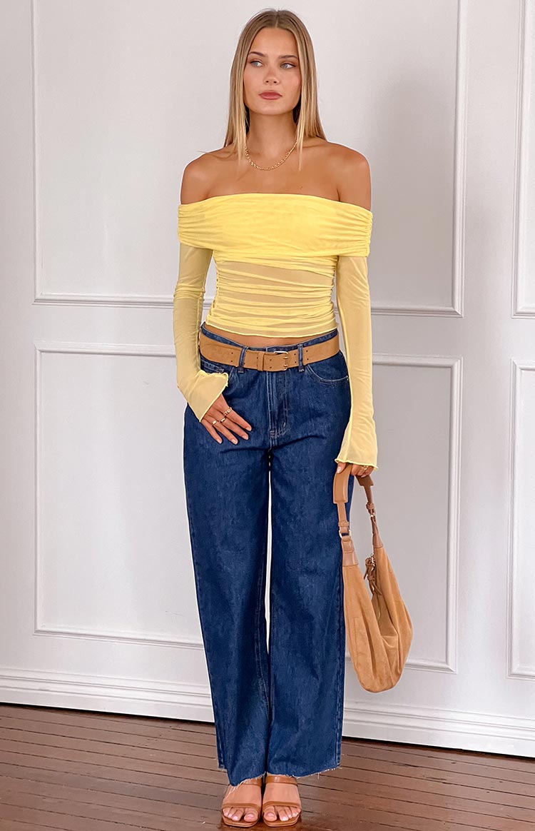 Yellow Mesh Off Shoulder Top