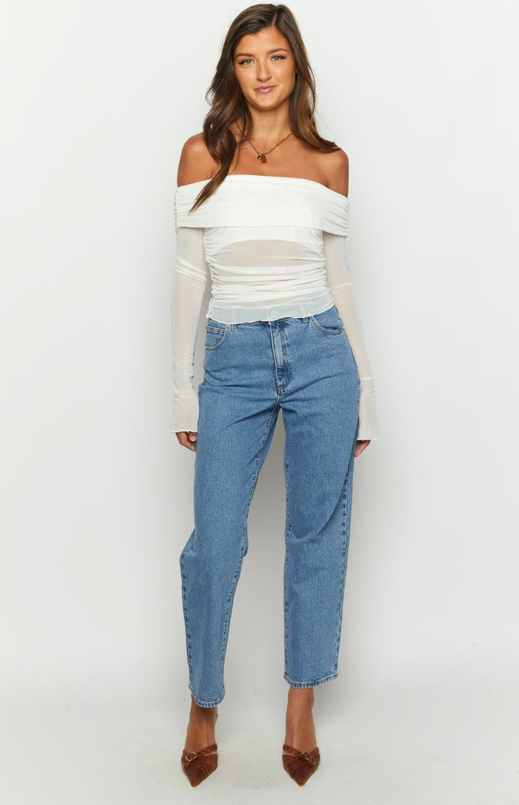 White Mesh Off Shoulder Sheer Top