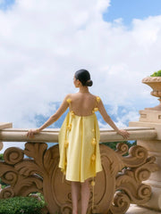 Yellow Rosette Shoulder Straps Mini Dress