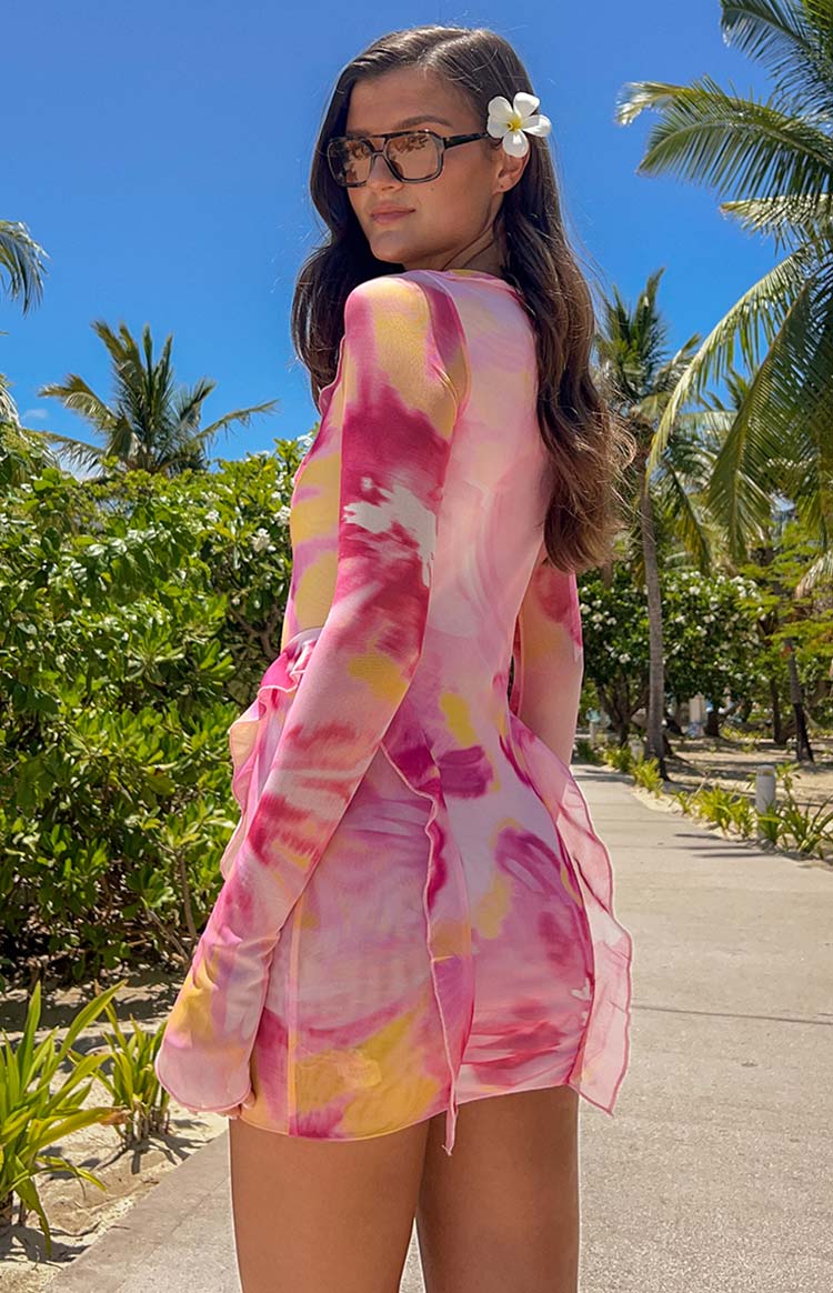 Pink Floral Mesh Long Sleeve Mini Dress