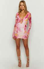 Pink Floral Mesh Long Sleeve Mini Dress