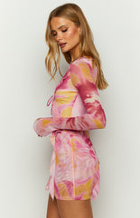 Pink Floral Mesh Long Sleeve Mini Dress