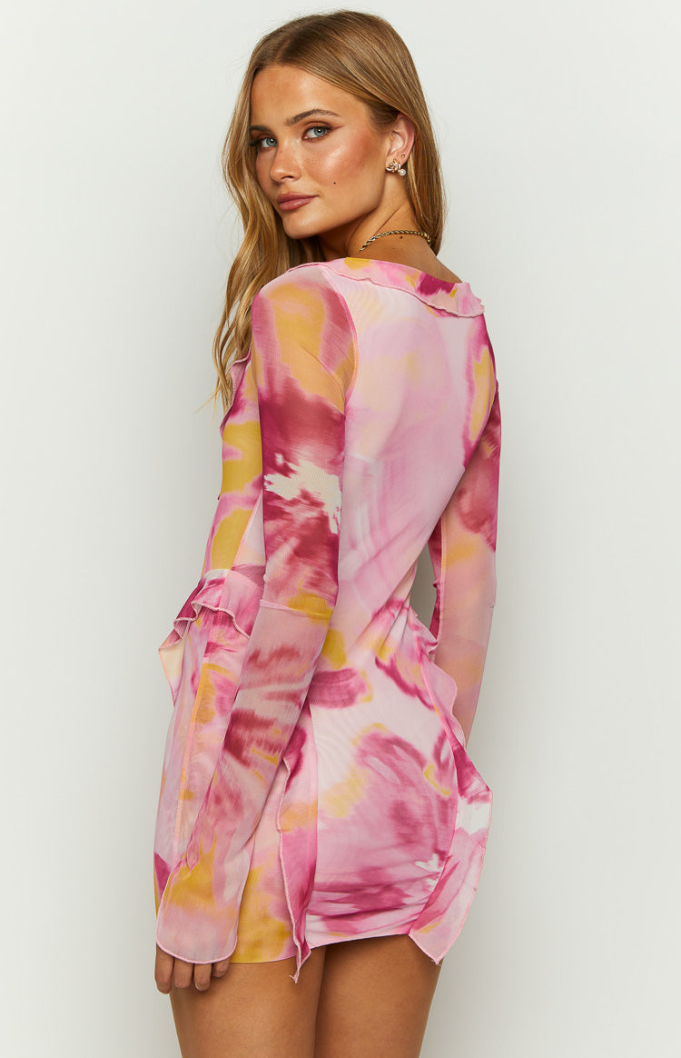 Pink Floral Mesh Long Sleeve Mini Dress