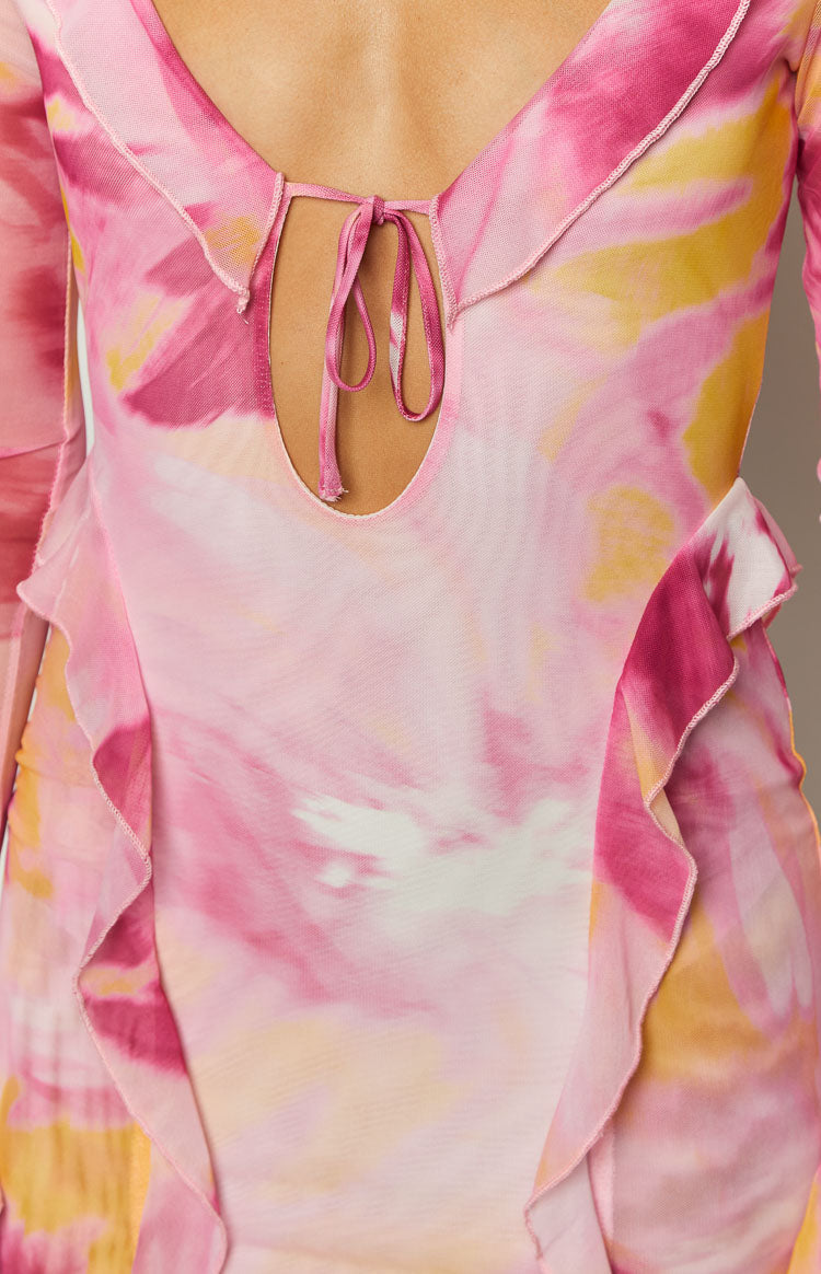 Pink Floral Mesh Long Sleeve Mini Dress