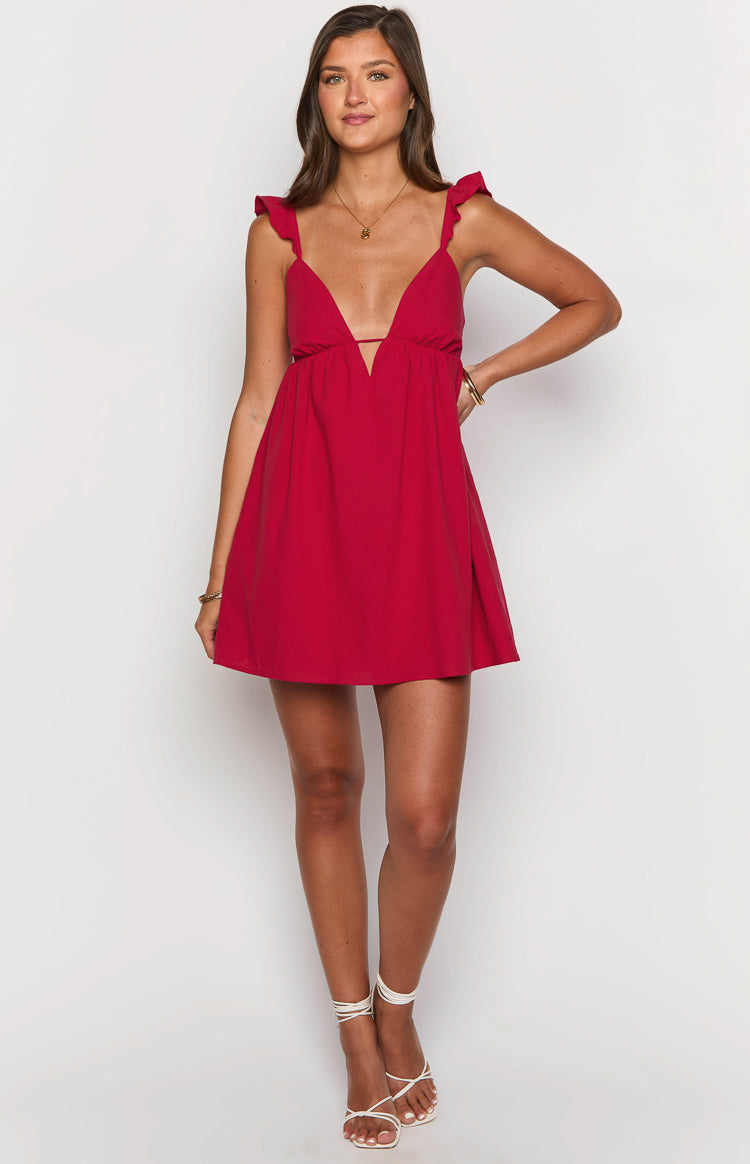 Red V Neckline Mini Dress