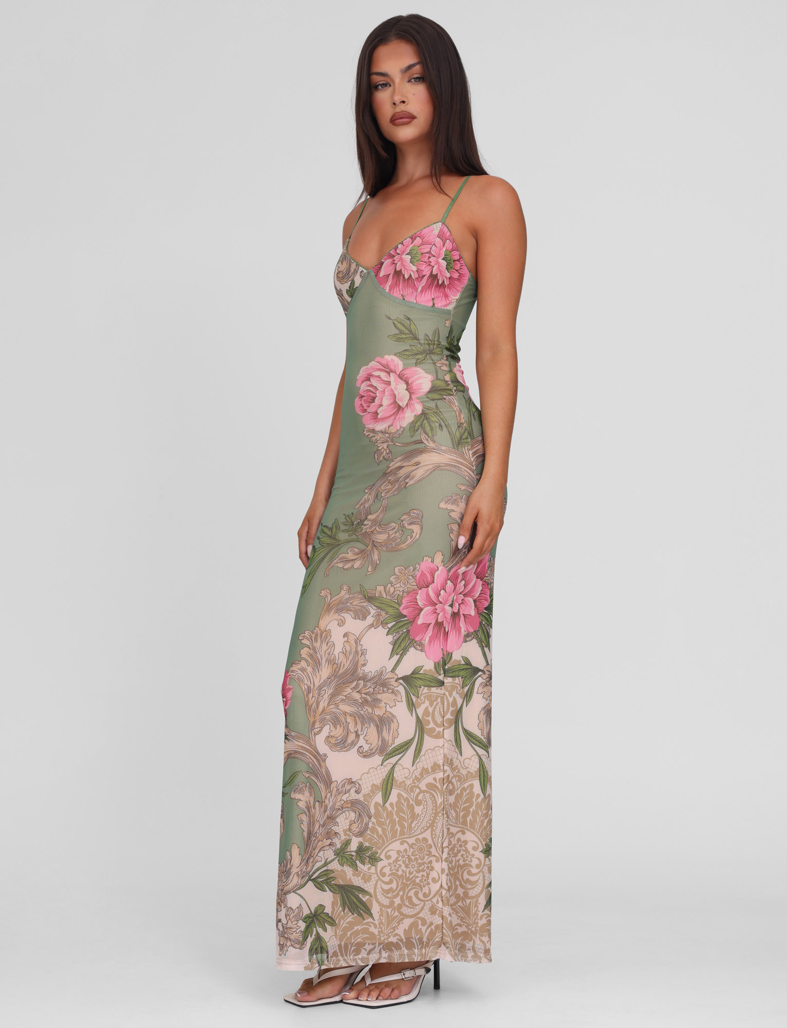 Olive Green Floral Slip Maxi Dress