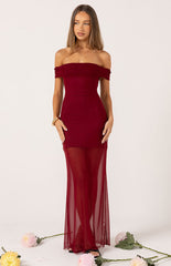 Wine Red Off Shoulder Mesh Maxi Dress
