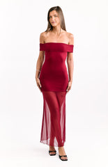 Wine Red Off Shoulder Mesh Maxi Dress