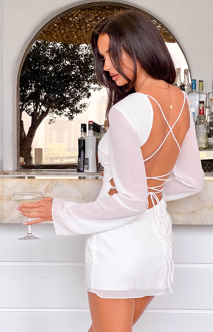 White Long Sleeve Backless Mini Dress
