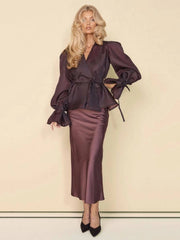 Semi-Sheer Blouse and Satin Slip Dress Two Piece Set