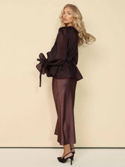 Semi-Sheer Blouse and Satin Slip Dress Two Piece Set