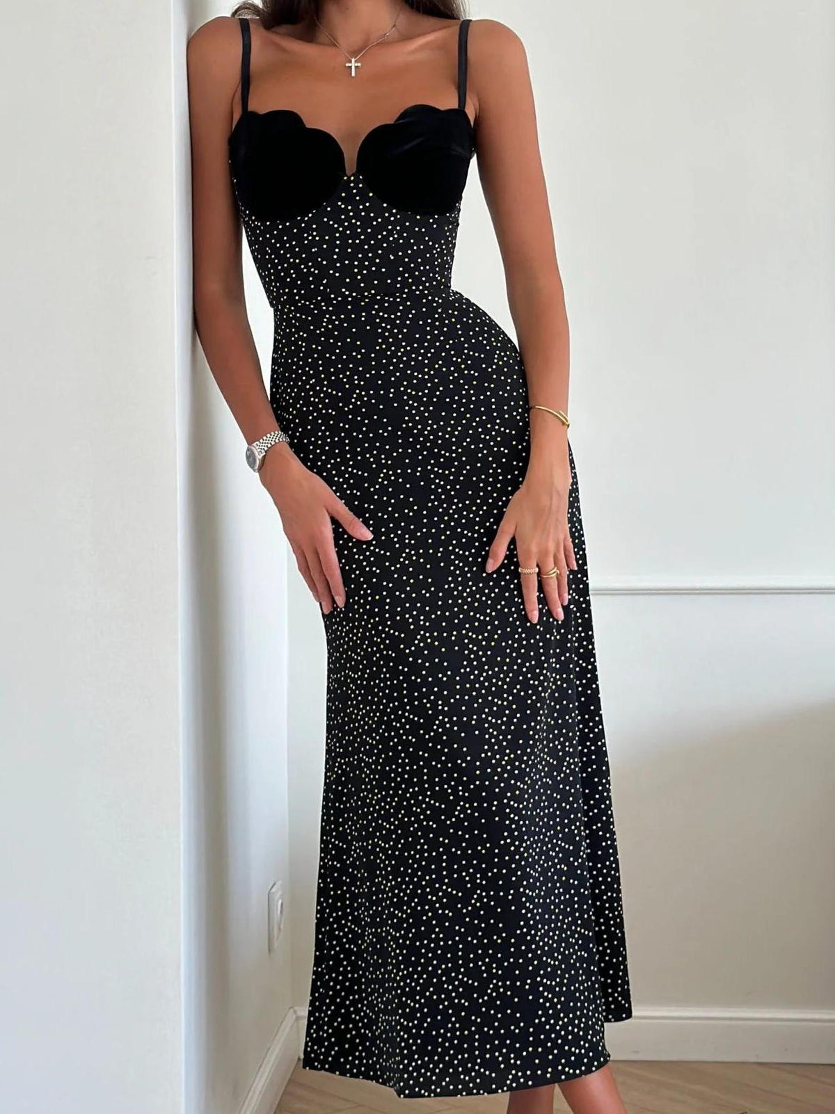 Black Polka Dot Print Slip Midi Dress