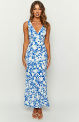 Blue Floral Sleeveless Maxi Dress
