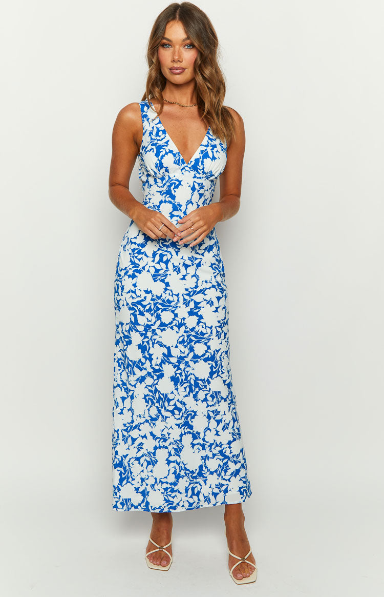 Blue Floral Sleeveless Maxi Dress