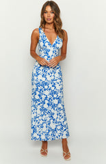 Blue Floral Sleeveless Maxi Dress
